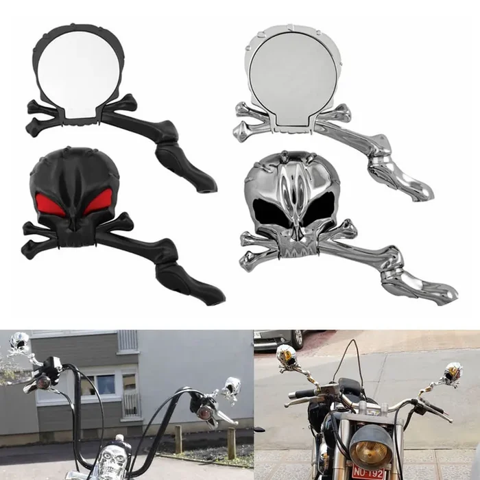 Motorcycle Custom Skull Style Aluminum Head Bones Rear View Mirrors Adjustable Stem Harley Davidsons Suzuki Honda Kawasaki Cruisers M10 5/16″