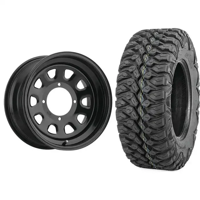 Set of 2 Mounted Wheel and Tire Kit Wheel 12×7 4+3 4/110 Tire 25×10-12 8 Ply