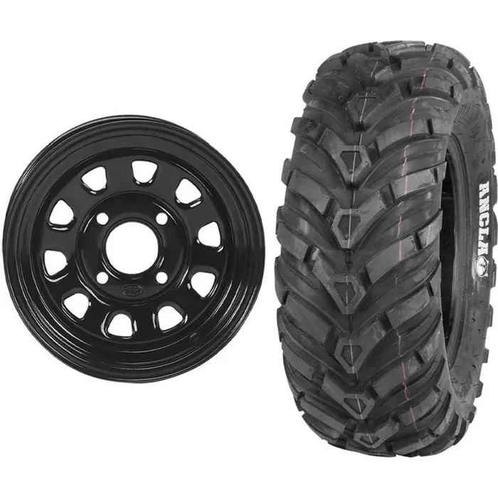 Set of 2 Mounted Wheel and Tire Kit Wheel 12×7 5+2 4/110 Tire 24×8-12 6 Ply