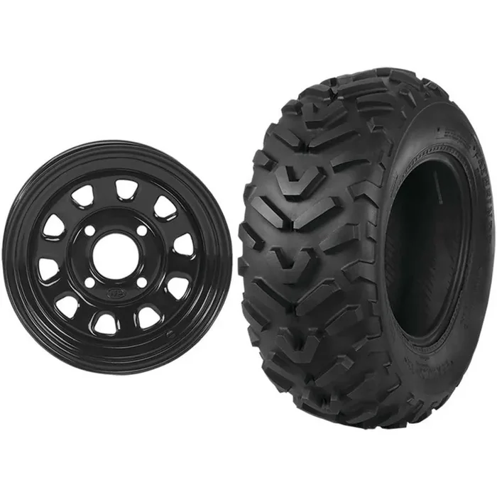 Set of 2 Mounted Wheel and Tire Kit Wheel 12×7 5+2 4/110 Tire 25×10-12 2 Ply