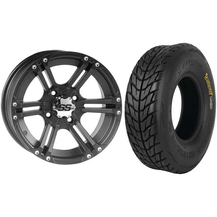 Set of 2 Mounted Wheel and Tire Kit Wheel 12×7 5+2 4/110 Tire 25×8-12 6 Ply