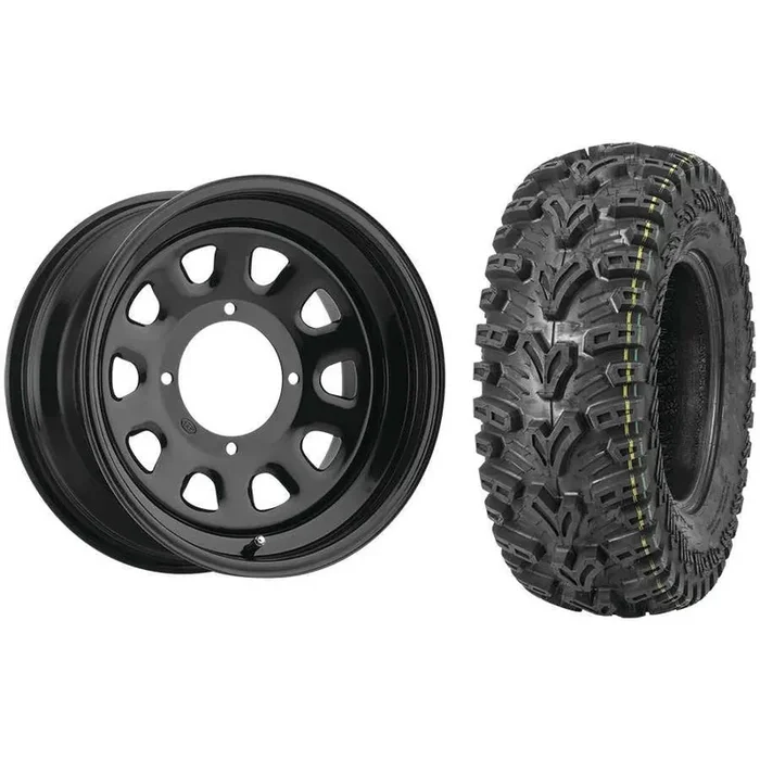 Set of 2 Mounted Wheel and Tire Kit Wheel 12×7 5+2 4/110 Tire 25×8-12 6 Ply
