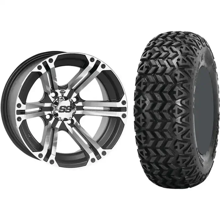 Set of 2 Mounted Wheel and Tire Kit Wheel 12×7 5+2 4/110 Tire 25×9-12 4 Ply