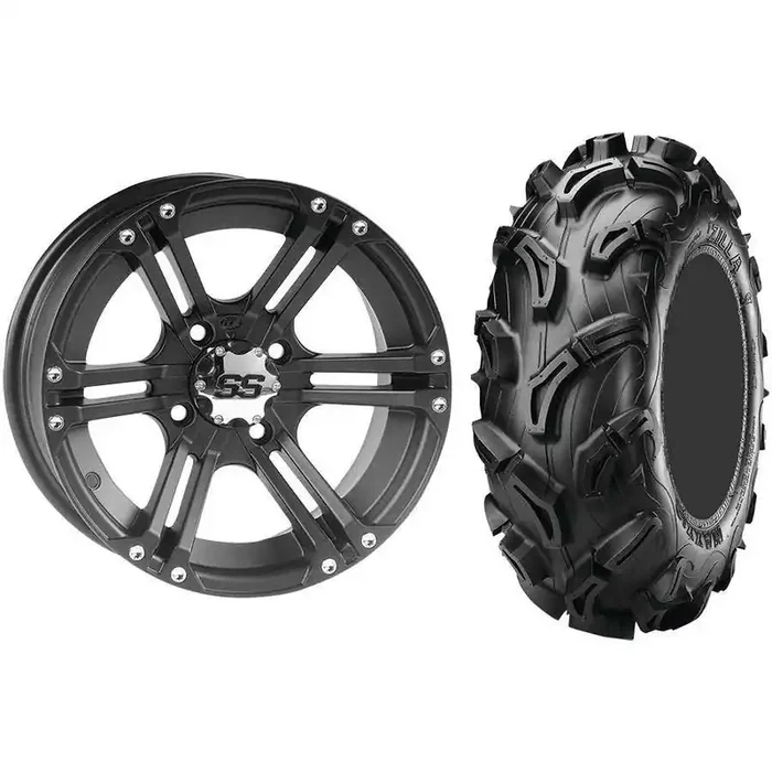 Set of 2 Mounted Wheel and Tire Kit Wheel 12×7 5+2 4/110 Tire 27×9-12 6 Ply